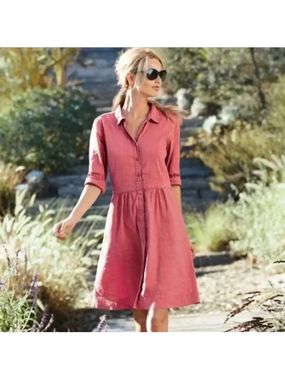 Eileen Fisher dress new coral PL Petite‎ Lge knee length midi button linen blend